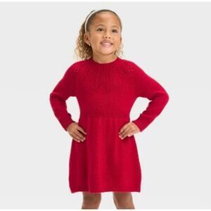 Cat & Jack Toddler Girls Size 4T Red Pointelle Glitter Sweater Dress Holiday New